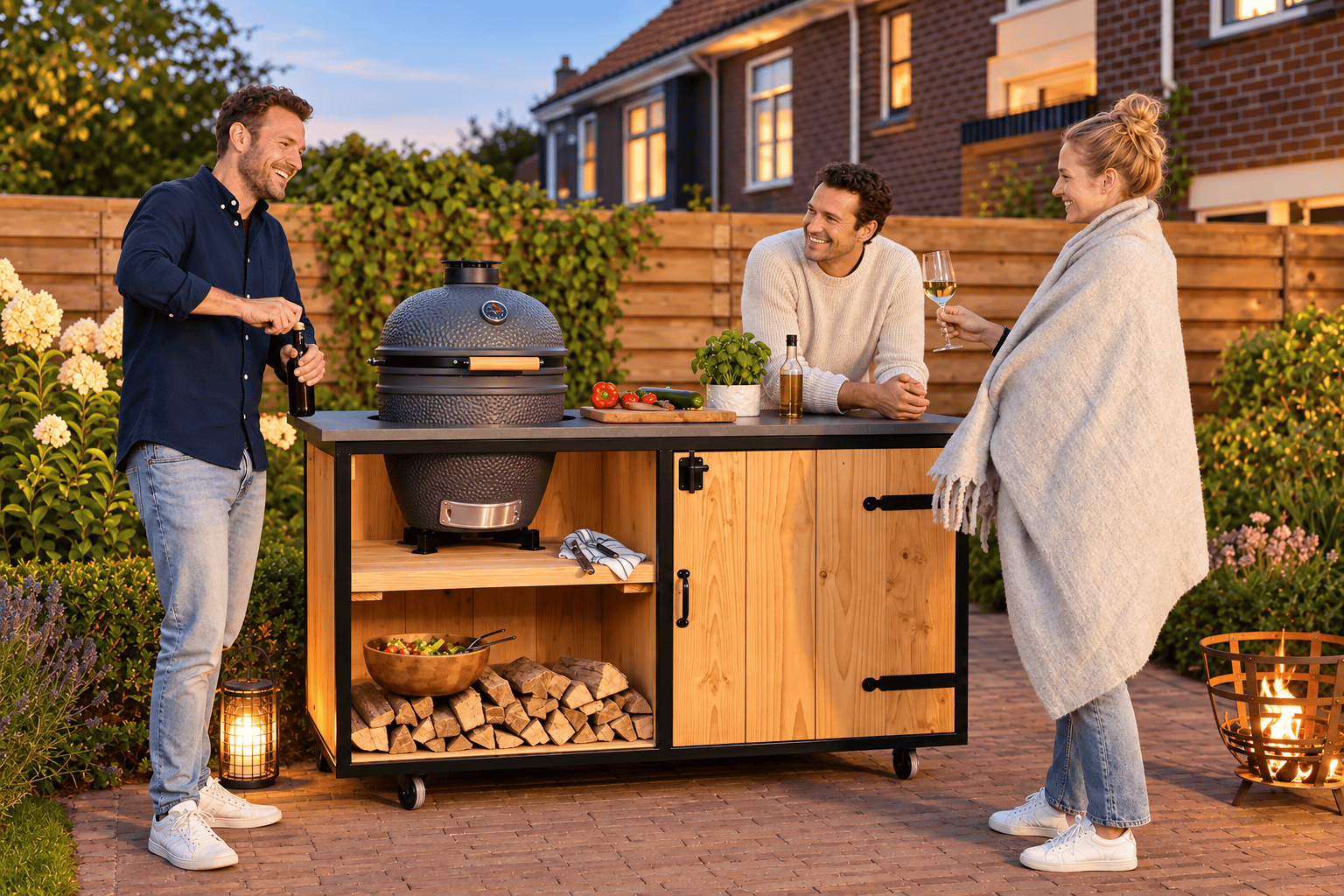 Buitenkeuken Matsko van STILT met vrienden in de avondtuin