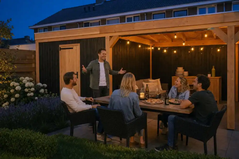 Douglas overkapping 9x4 van STILT in een tuin — avond met vrienden en lampjes