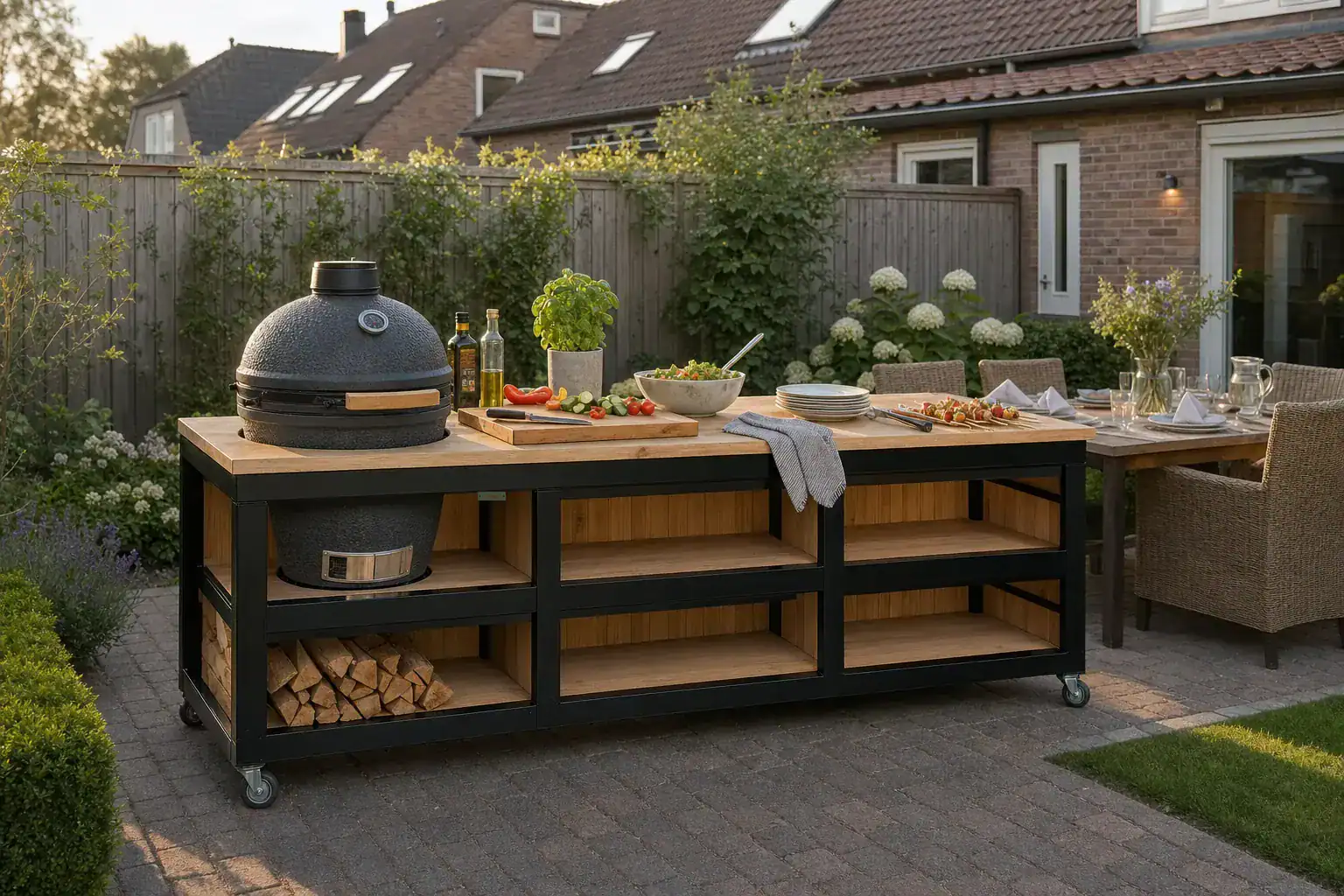Buitenkeuken Staalo (huren) van STILT in een tuin — gedekt en klaar, zonder mensen