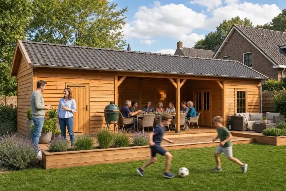 Zadeldak 12,5x3 van STILT in een tuin — grote familiebarbecue