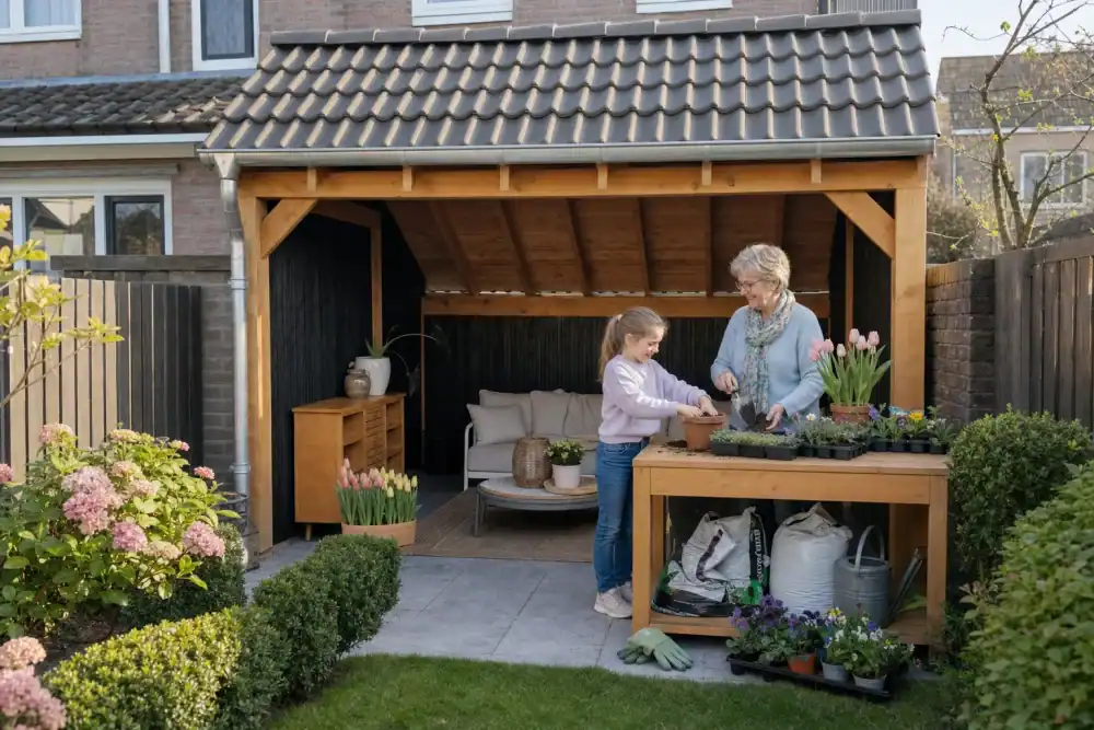 Kapschuur 4x3 van STILT in een tuin — oma en kleinkind planten