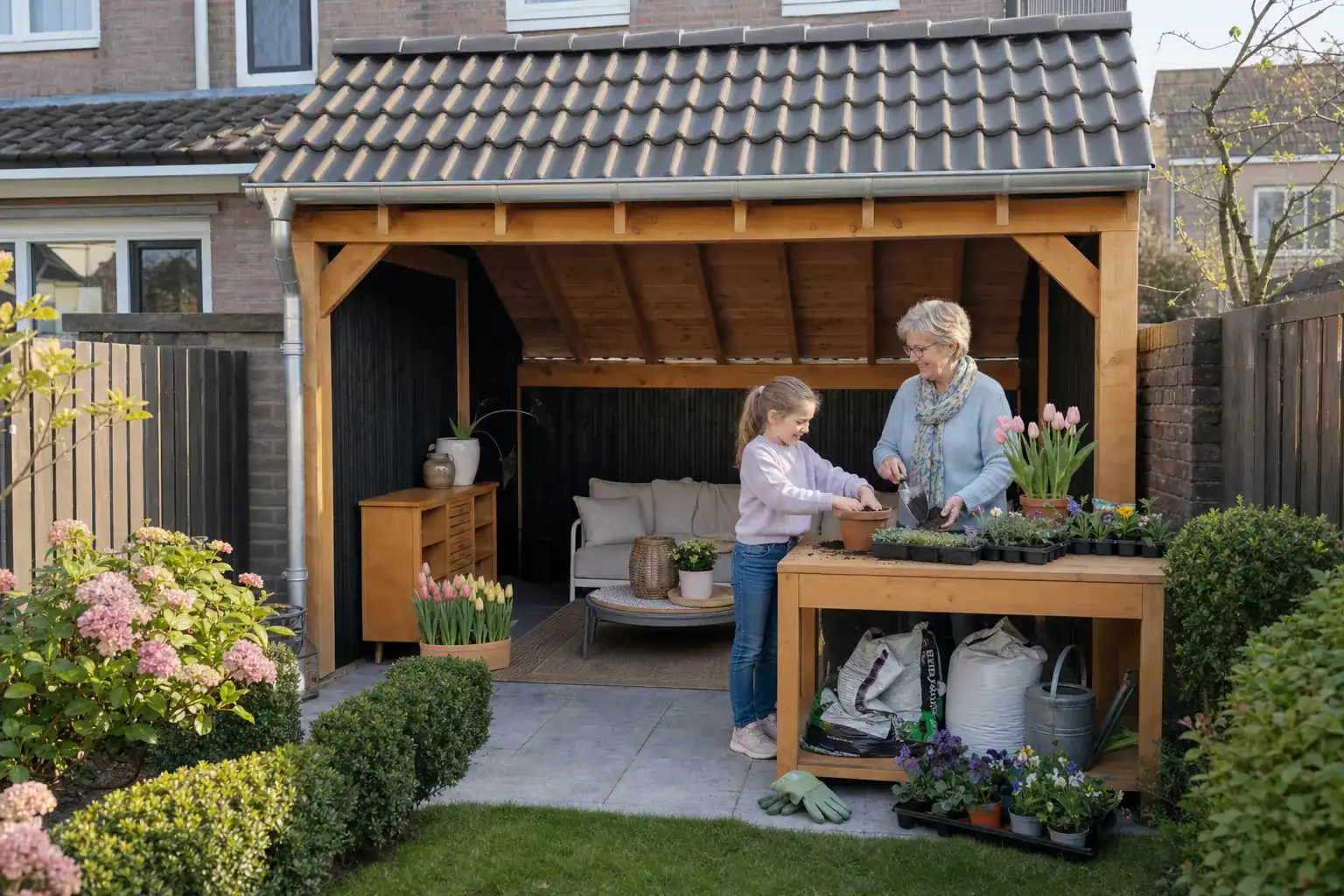 Kapschuur 4x3 van STILT in een tuin — oma en kleinkind planten