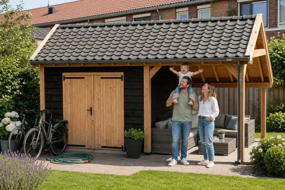 Kapschuur 6x4 van STILT in een tuin — jong gezin, zonnige middag