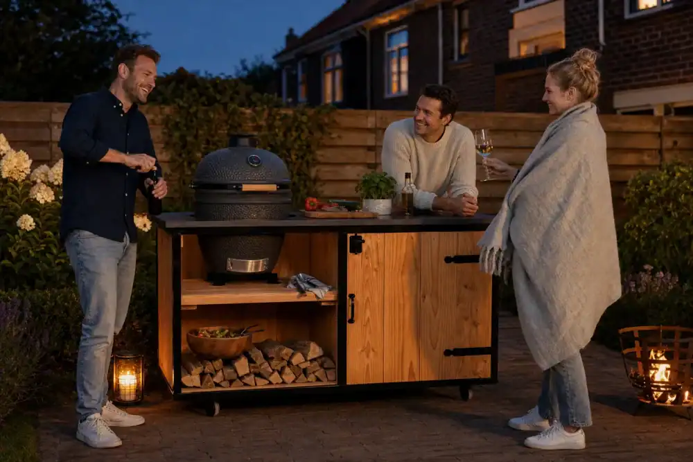 Buitenkeuken Matsko van STILT in een tuin — vrienden op een nazomeravond