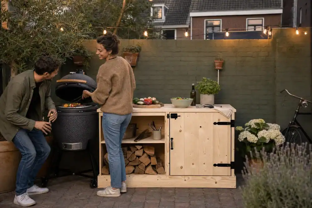 Buitenkeuken Bouwpakket Kamado Small van STILT in een tuin — jong stel, kleine stadstuin