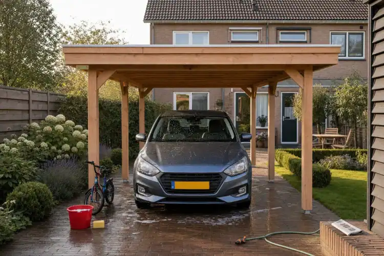 Douglas overkapping (Carport) 5x4 van STILT in een tuin — zaterdagochtend, auto geparkeerd