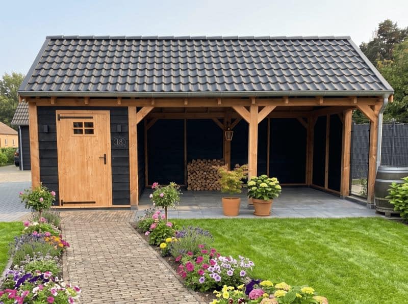 Zadeldak-overkapping met zithoek