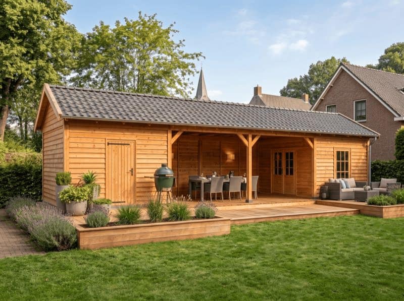 3D-ontwerp van een zadeldak-overkapping uit de configurator
