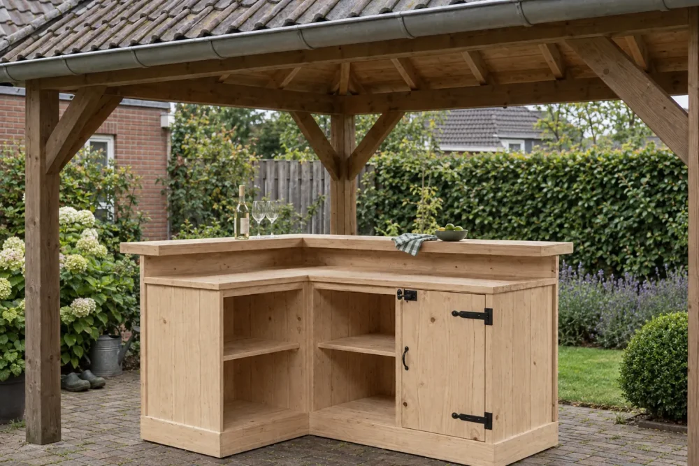 Bar Corner bouwpakket van STILT onder een overkapping in de tuin