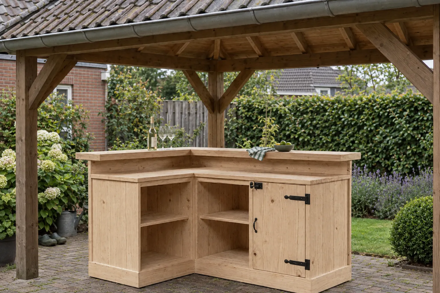 Bar Corner bouwpakket van STILT onder een overkapping in de tuin