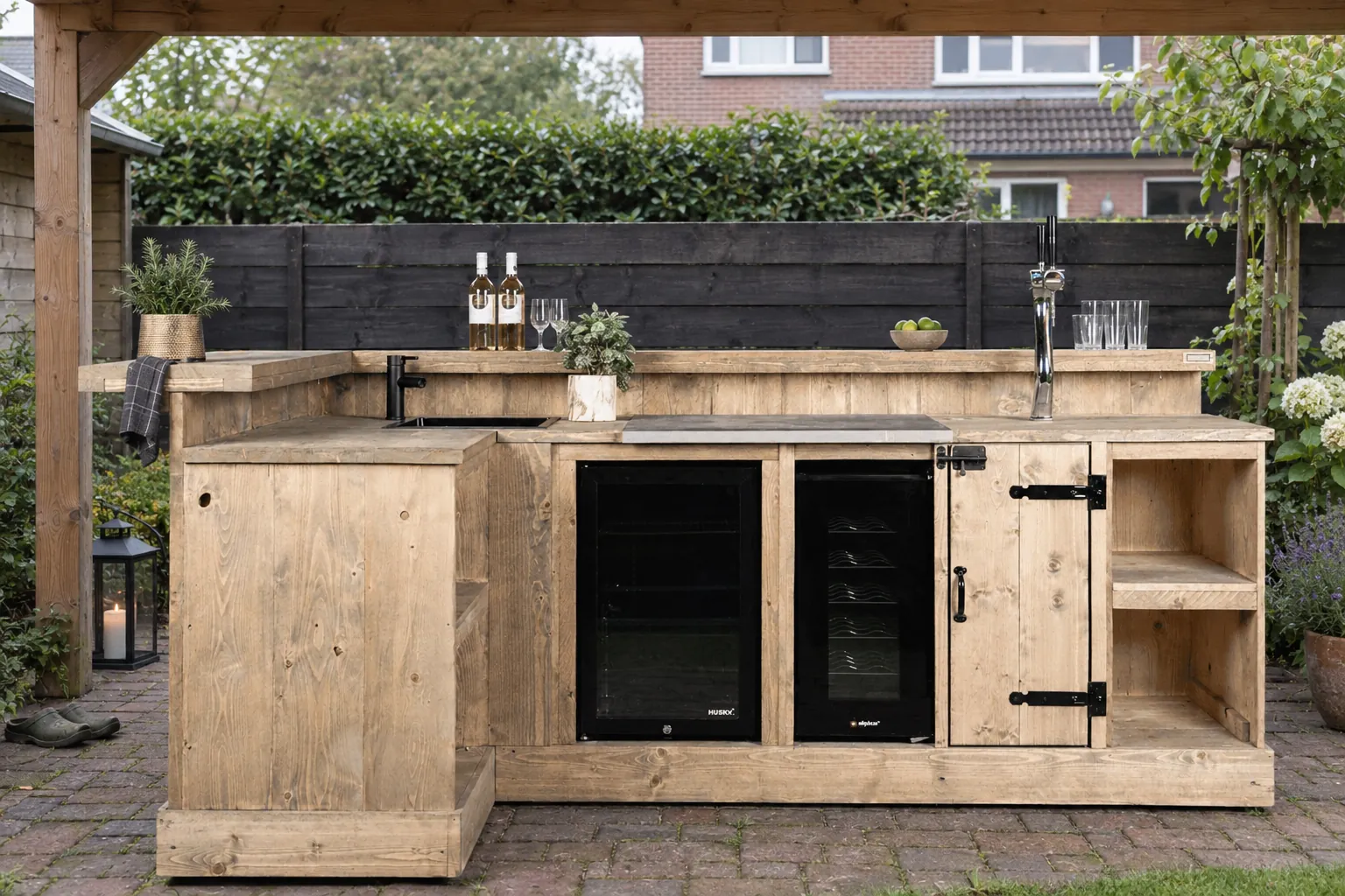 Bar Varia van STILT in hoekopstelling met koelkast onder een overkapping