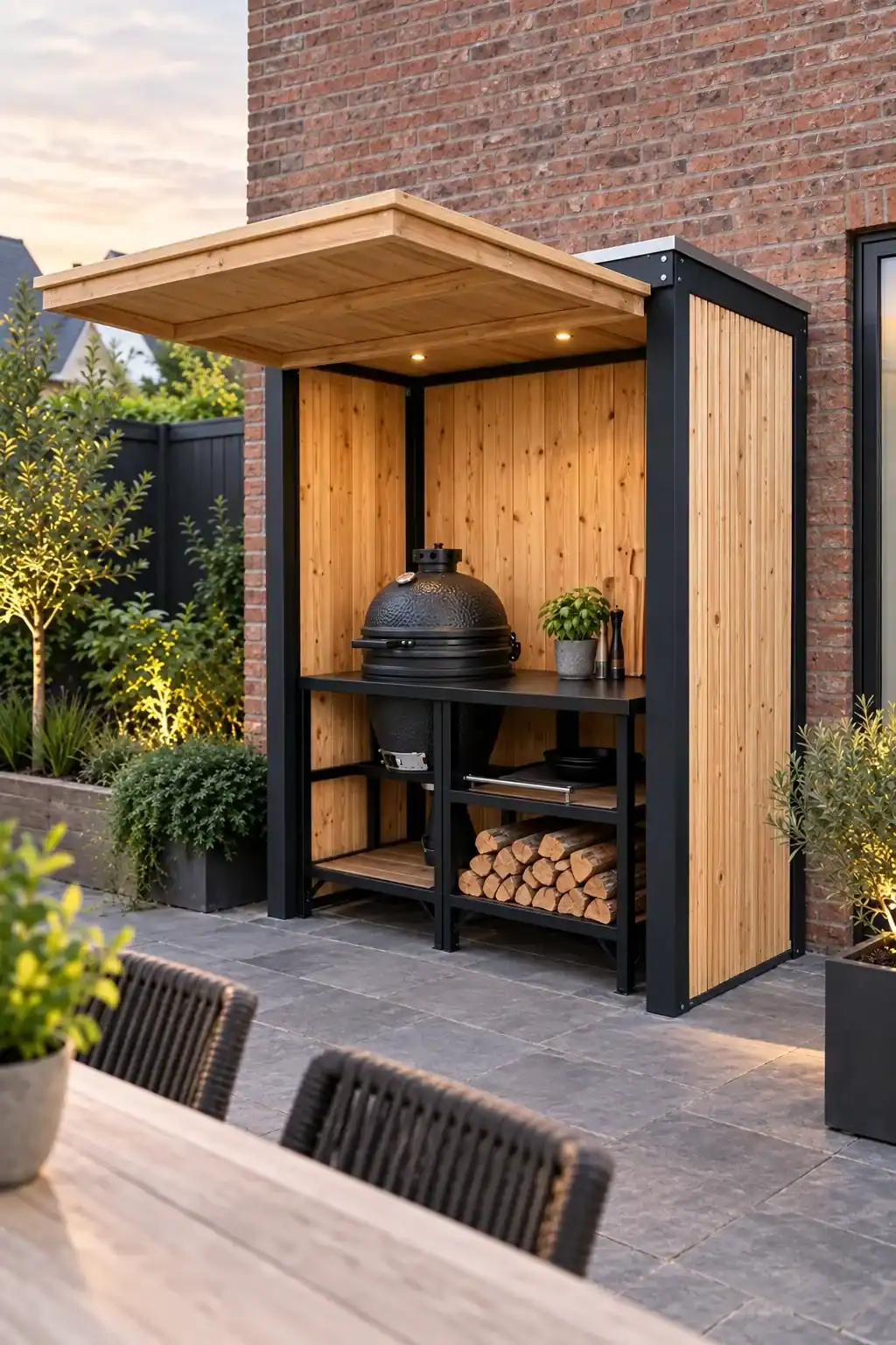 Buitenkeuken Close ombouw van STILT met de klep open en een kamado erin