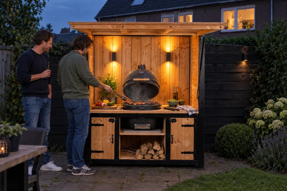 Vrienden grillen op de buitenkeuken Close van STILT in de avond