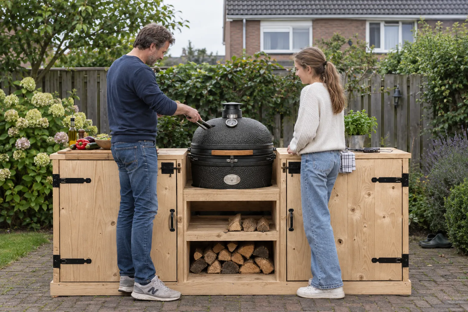 Vader en dochter grillen op de buitenkeuken Kamado Model van STILT
