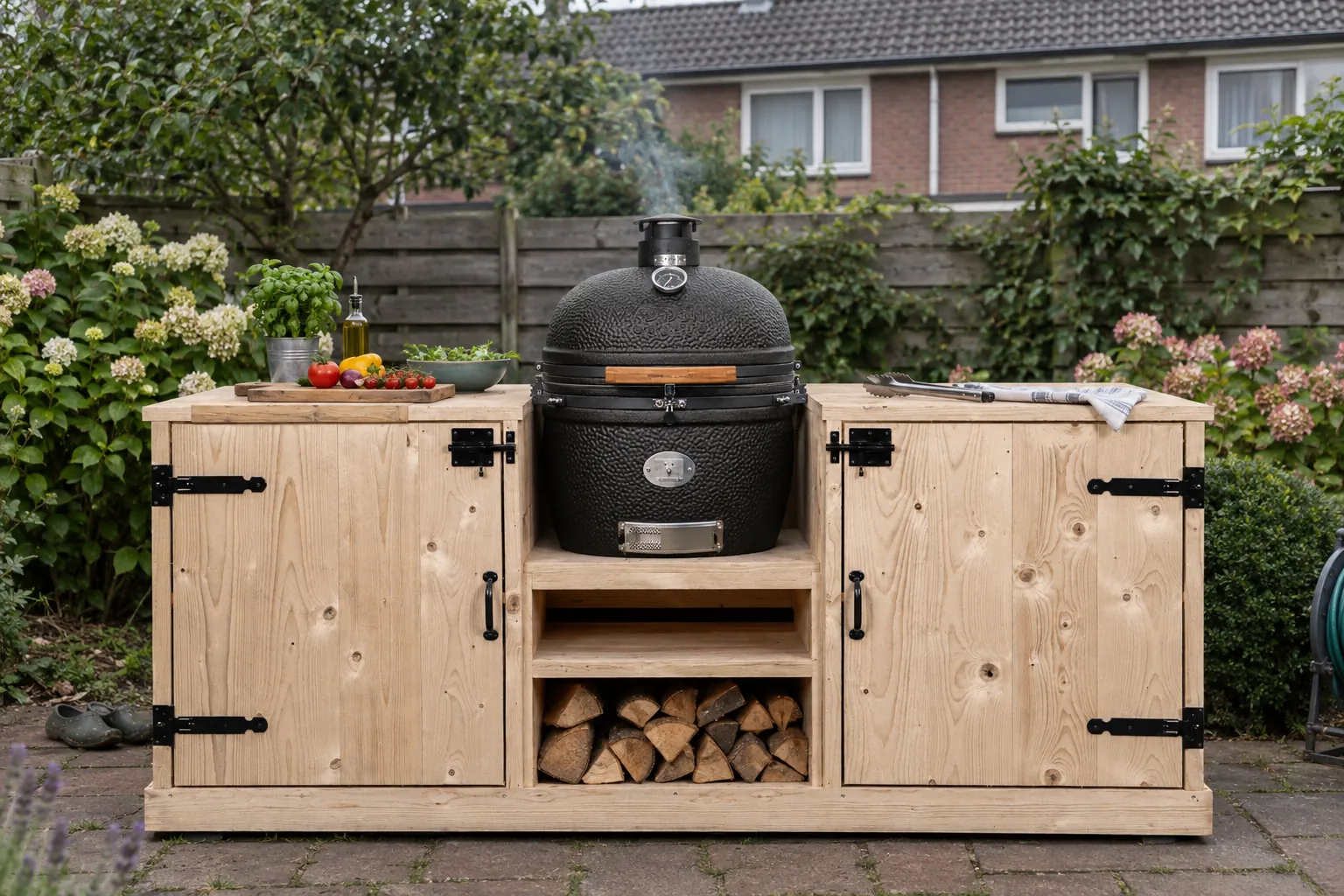 Buitenkeuken bouwpakket Kamado Model van STILT met Odin kamado op een terras