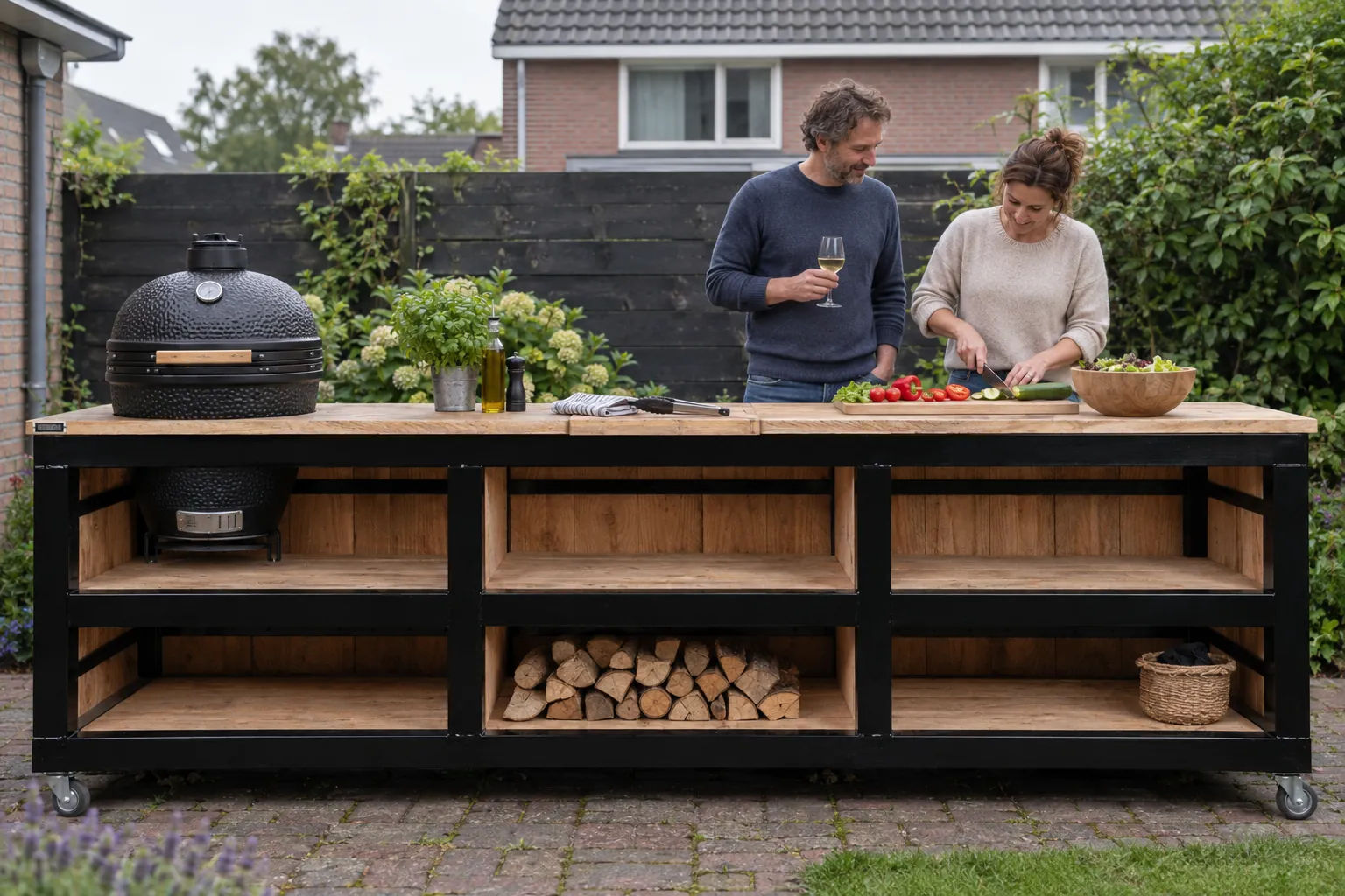 Stel kookt aan de buitenkeuken Staalo van STILT