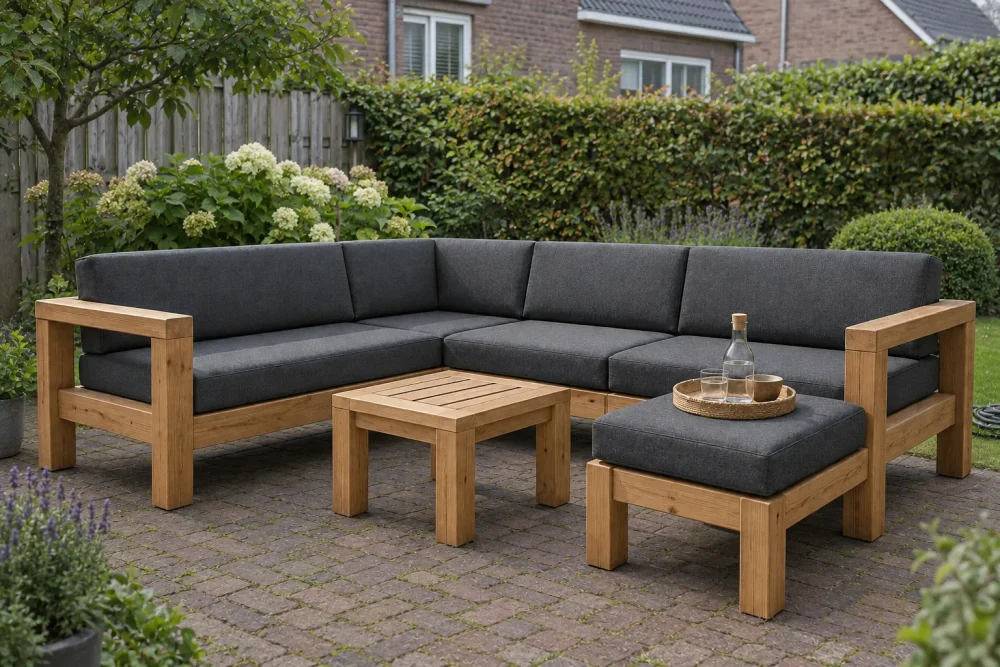 Loungebank Tica bouwpakket van STILT met tafel en hocker op een terras