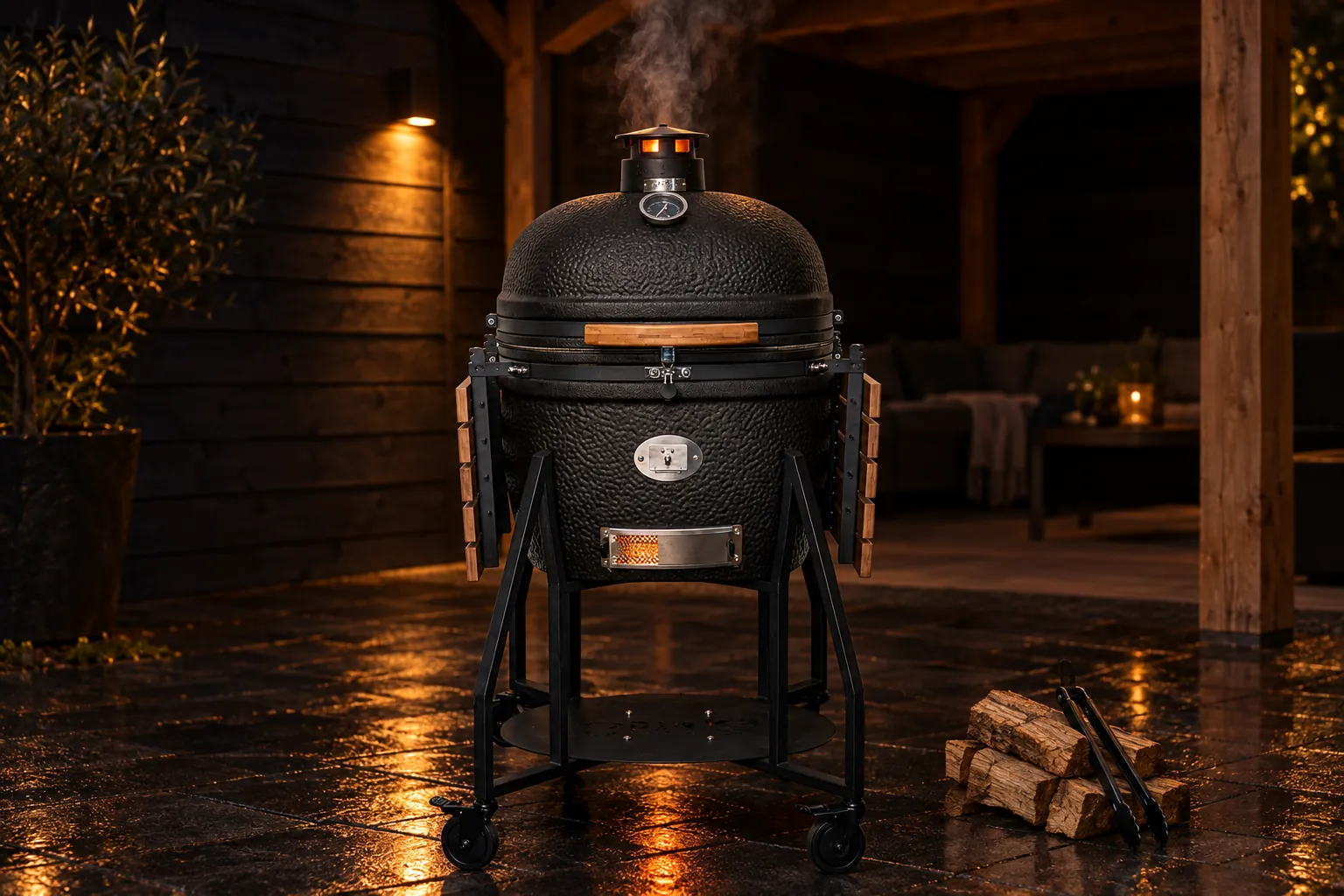 Odin Grill kamado in de avond met gloeiende ventilatie en rook