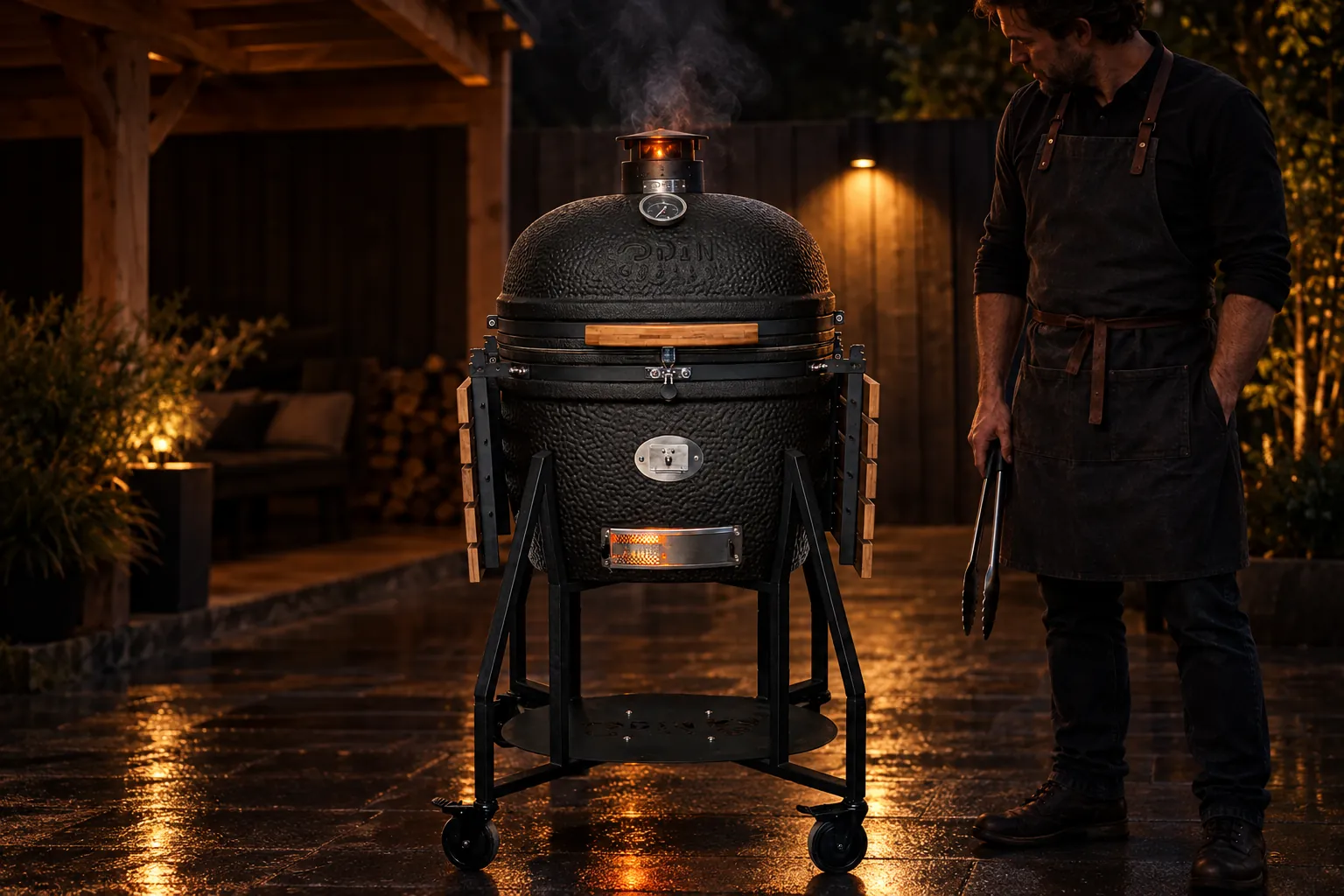 Man grilt op de Odin Grill kamado in de avond