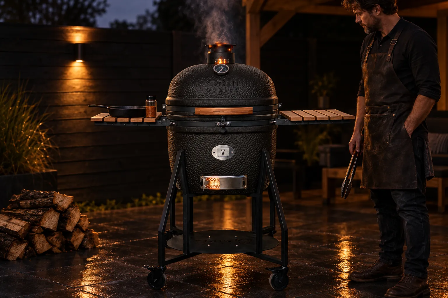 Man grilt op de Odin Grill Valhöll in de avond