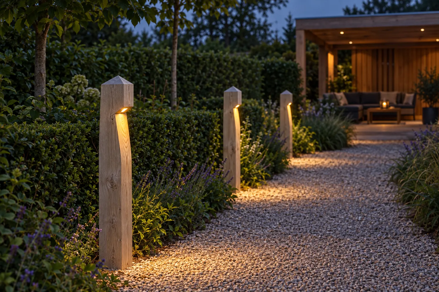 Drie lichtpalen langs een tuinpad